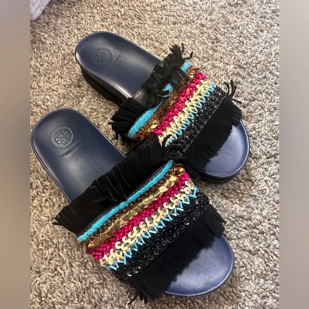 Tory Burch Isle Slide Slipon Sandal Navy Black Sequin Size 7.5